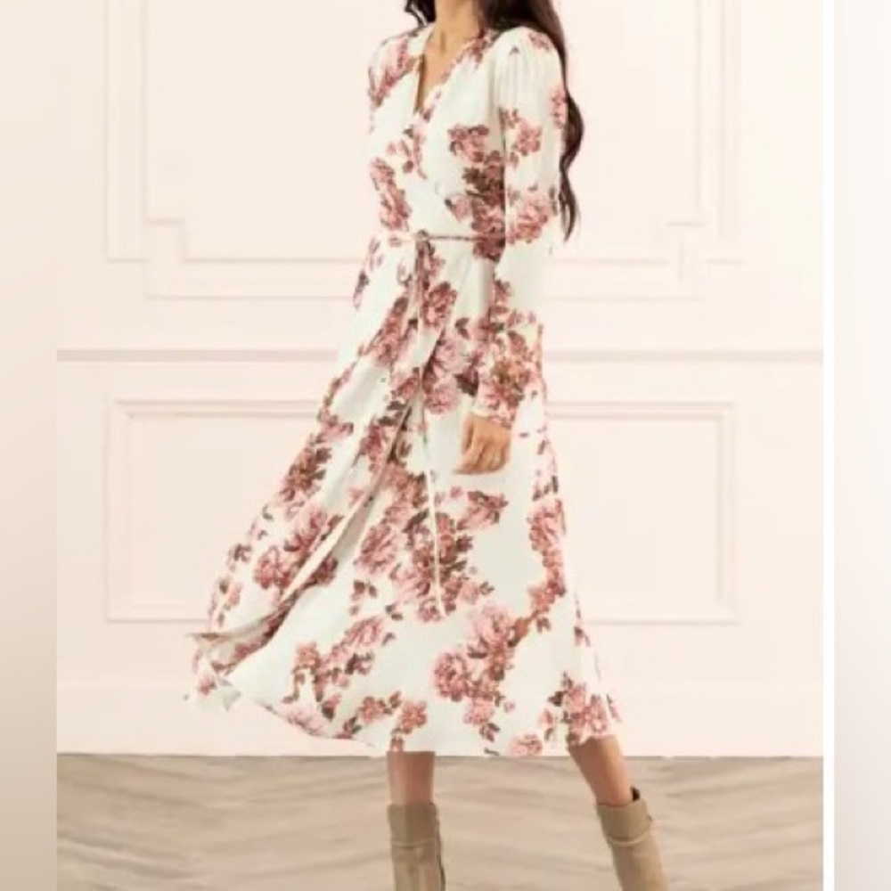 RACHEL PARCELL Long Sleeve Wrap Midi Dress XXL Parchment Floral Dot NWT